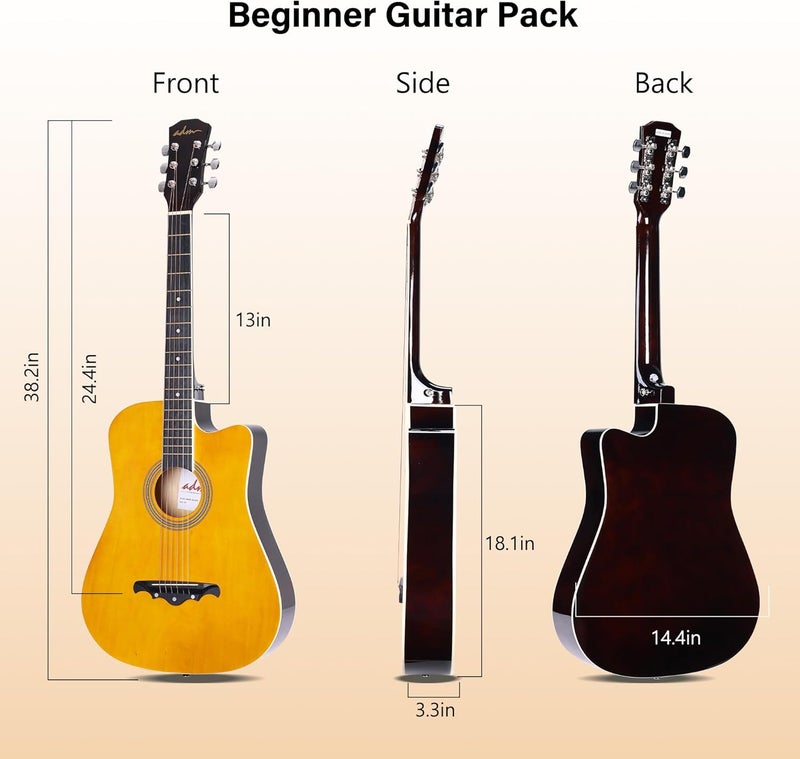 ADM 38" Inch Acoustic Guitar Bundle for Beginners Adults with Online Lesson, Cutaway Wood Acustica Guitarra Starter Set Package with Gig Bag, Strap, Steel Strings, Picks, Capos, Stand, Yellow - Image 5